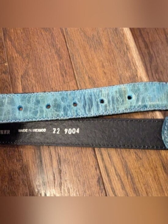 Western Belt Teal Leather, Silver Buckle White/Black Stitching & Gemstones Sz XS